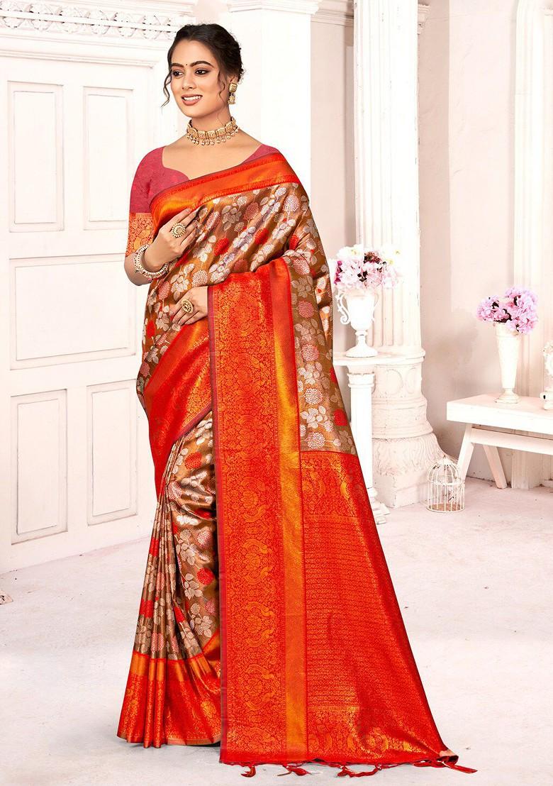 Brown Floral Print Woven Poly Blend Saree Set
