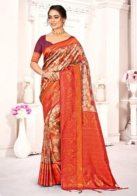 Brown Floral Print Woven Poly Blend Saree Set