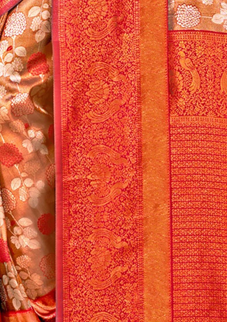 Brown Floral Print Woven Poly Blend Saree Set