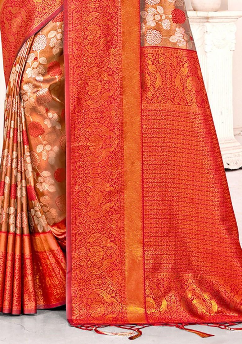 Brown Floral Print Woven Poly Blend Saree Set