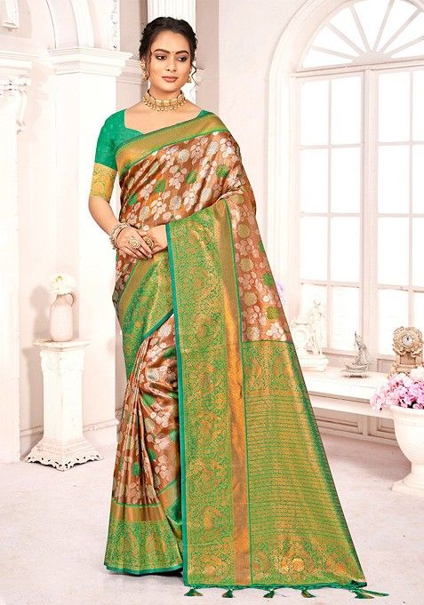 Brown Floral Print Woven Poly Blend Saree Set