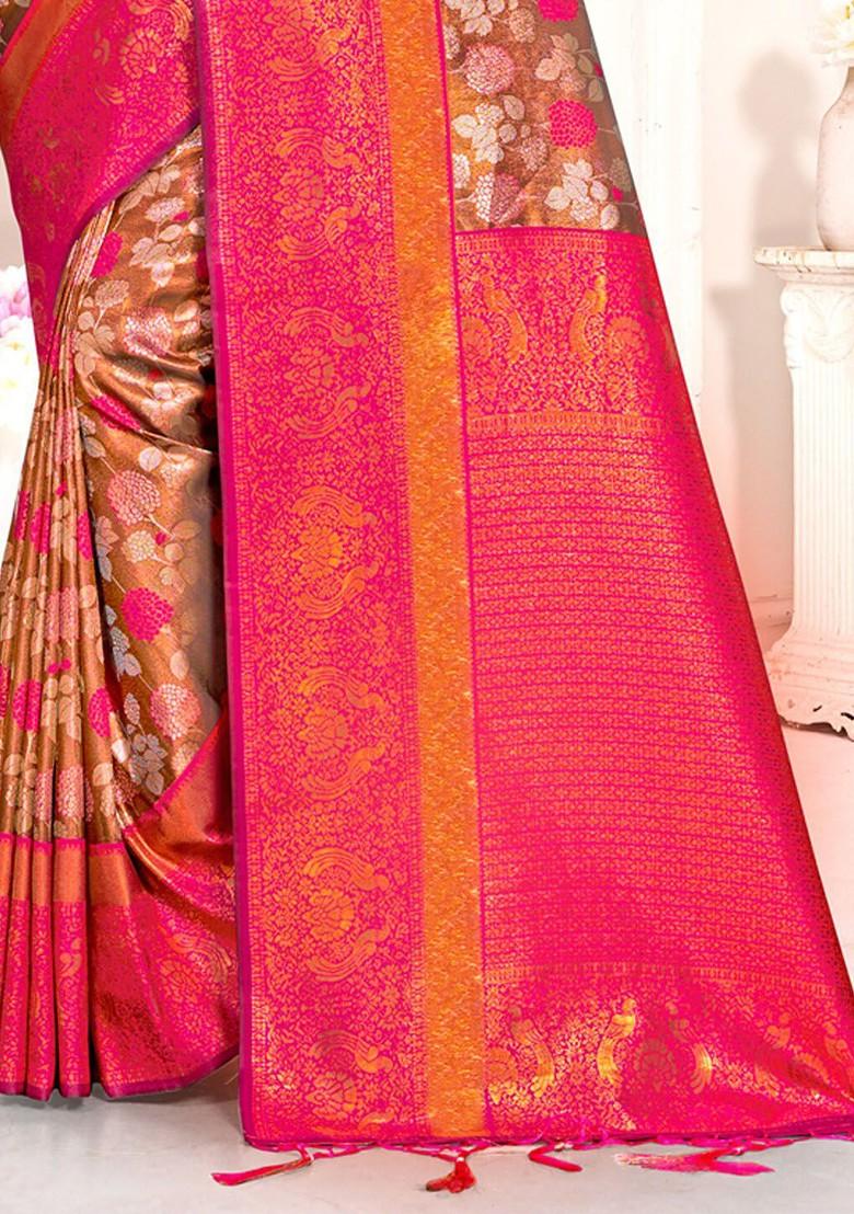 Pink Floral Print Woven Poly Blend Saree Set