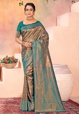 Brown Floral Print Woven Poly Blend Saree Set