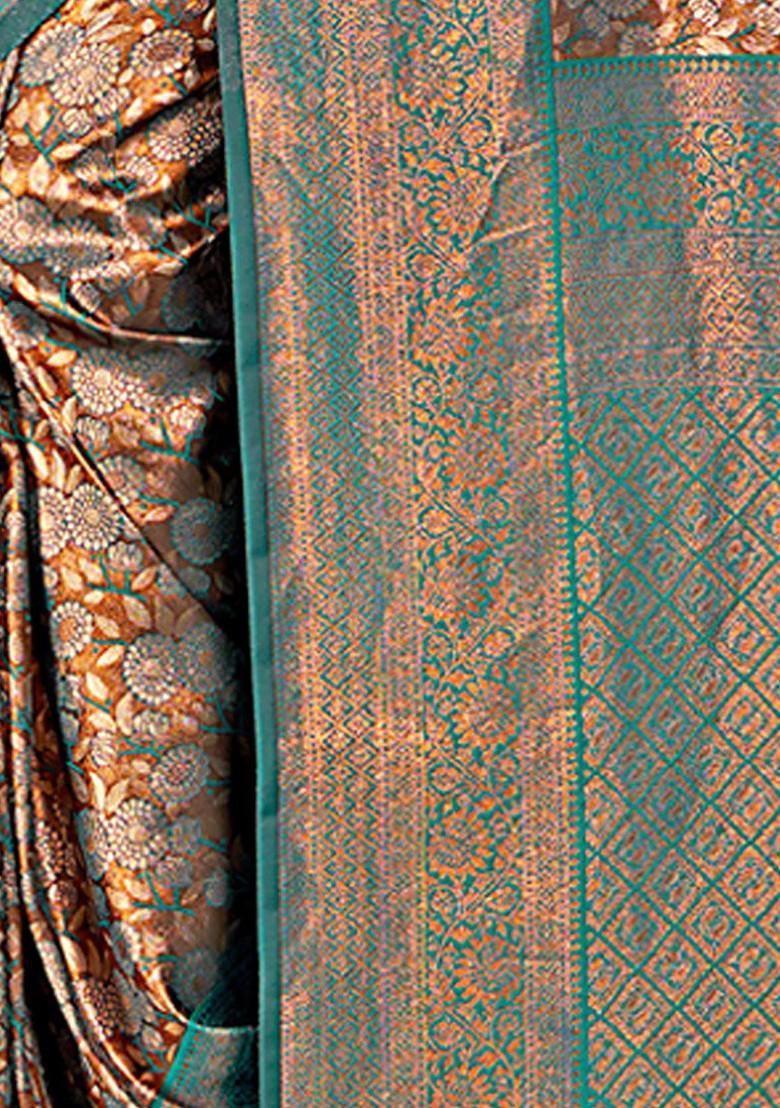 Brown Floral Print Woven Poly Blend Saree Set