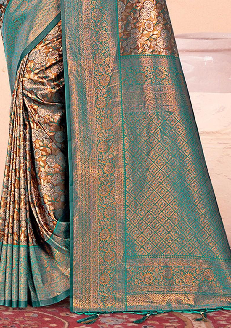 Brown Floral Print Woven Poly Blend Saree Set