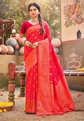 Peach Ethnic Motifs Woven Poly Blend Saree Set