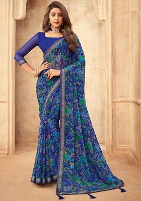 Blue Digital Floral Printed Chiffon Saree Set