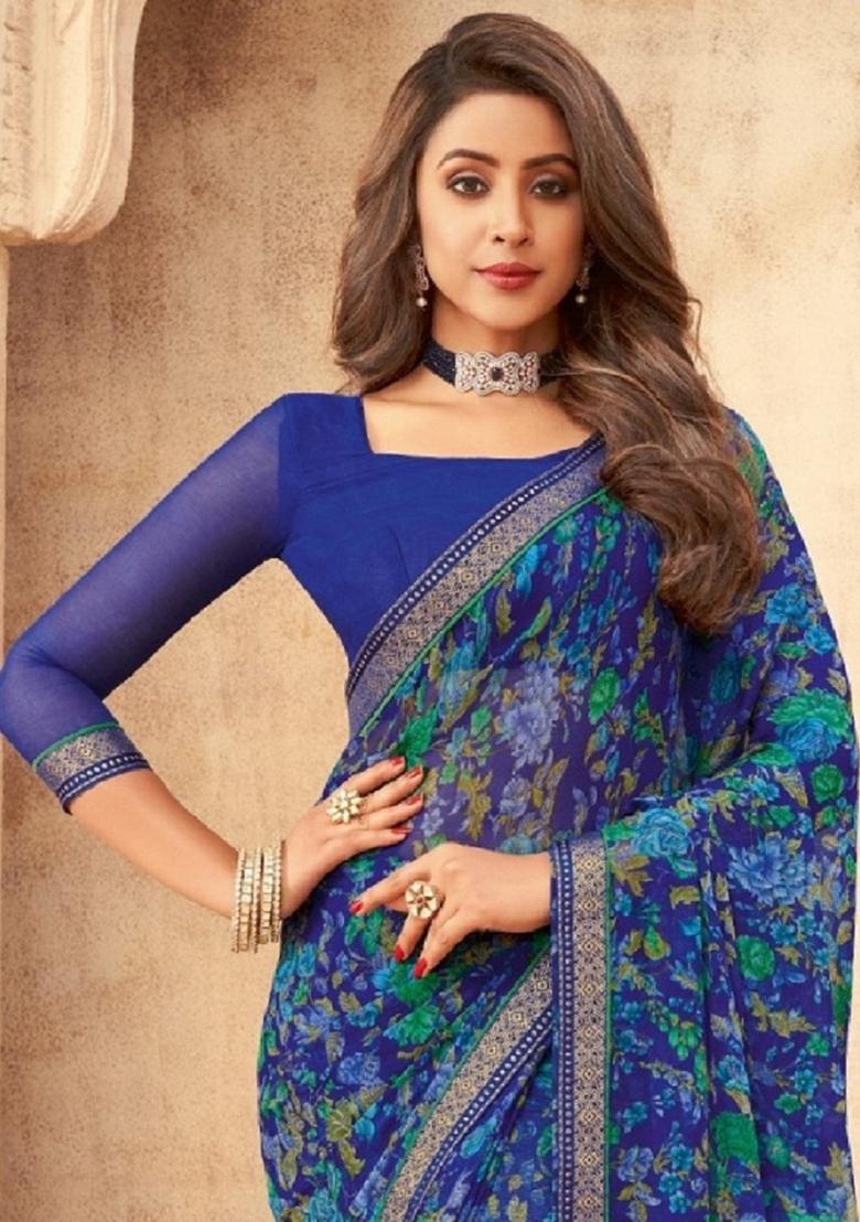 Blue Digital Floral Printed Chiffon Saree Set