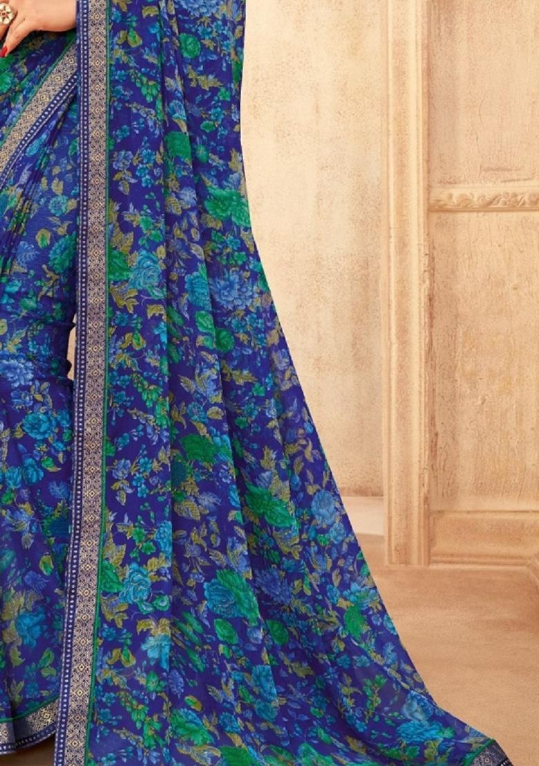 Blue Digital Floral Printed Chiffon Saree Set
