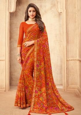 Orange Digital Floral Printed Chiffon Saree Set