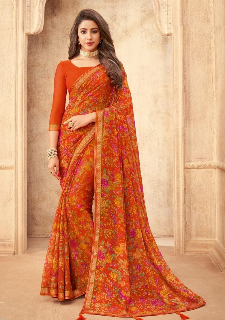 Orange Digital Floral Printed Chiffon Saree Set