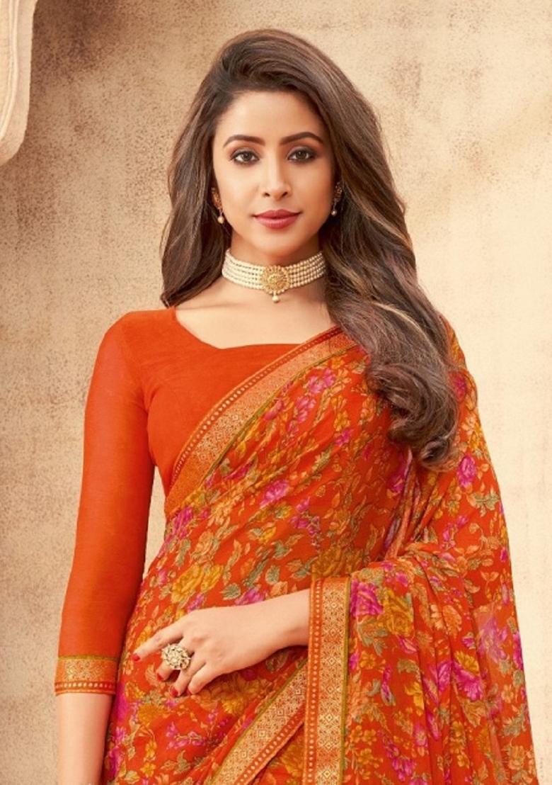 Orange Digital Floral Printed Chiffon Saree Set