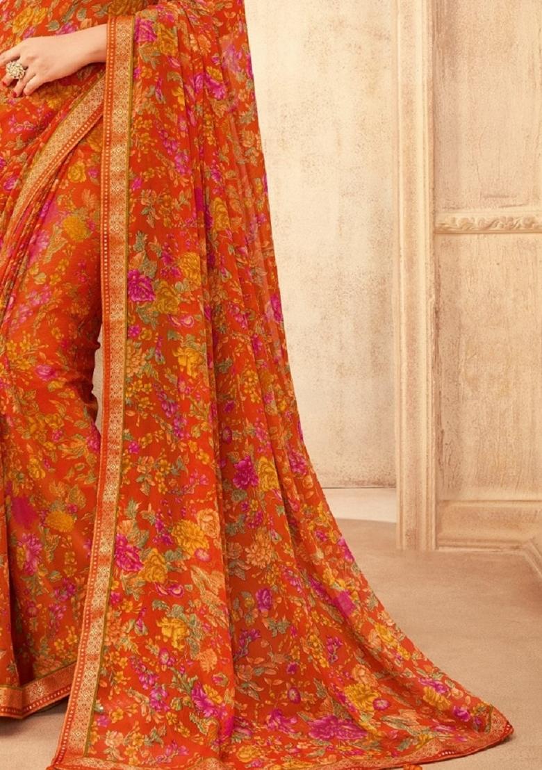 Orange Digital Floral Printed Chiffon Saree Set