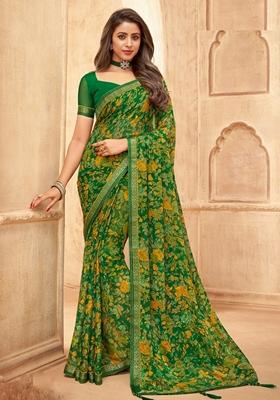 Green Digital Floral Printed Chiffon Saree Set
