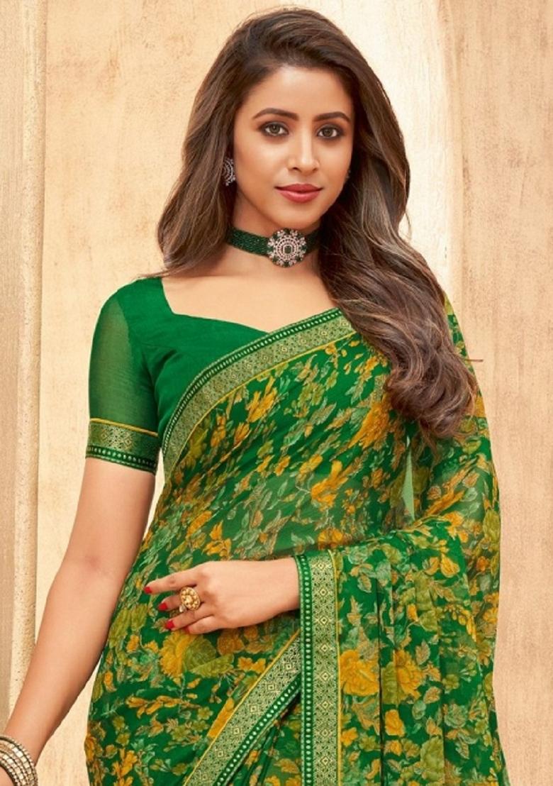 Green Digital Floral Printed Chiffon Saree Set