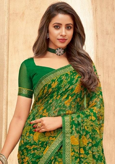 Green Digital Floral Printed Chiffon Saree Set