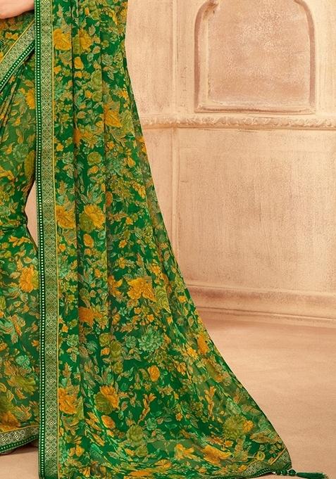 Green Digital Floral Printed Chiffon Saree Set