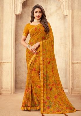 Yellow Digital Floral Printed Chiffon Saree Set