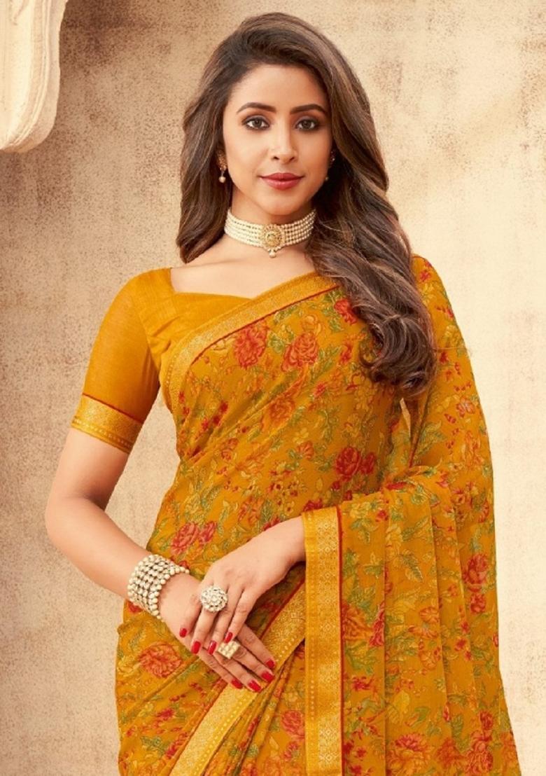 Yellow Digital Floral Printed Chiffon Saree Set