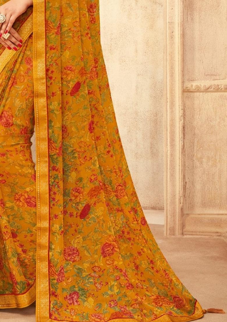 Yellow Digital Floral Printed Chiffon Saree Set