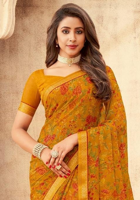 Yellow Digital Floral Printed Chiffon Saree Set