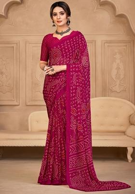 Magenta Bandhani Print Chiffon Saree Set