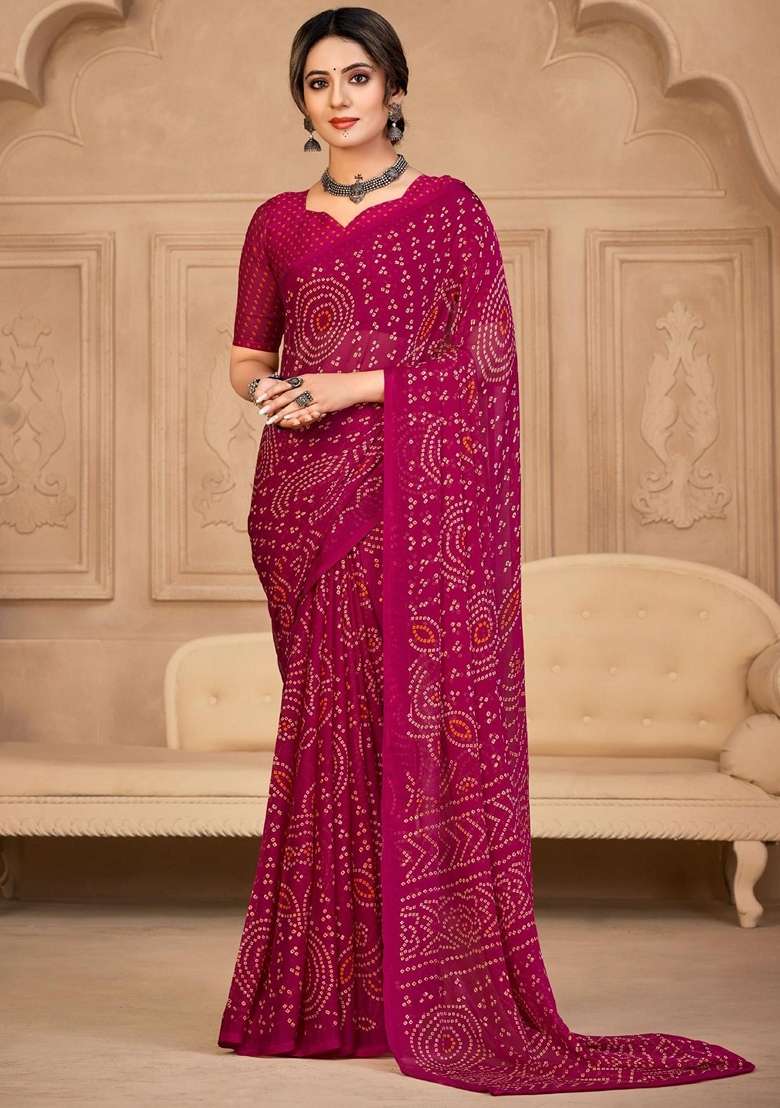 Magenta Bandhani Print Chiffon Saree Set for Diwali and Festive Wear - Indya