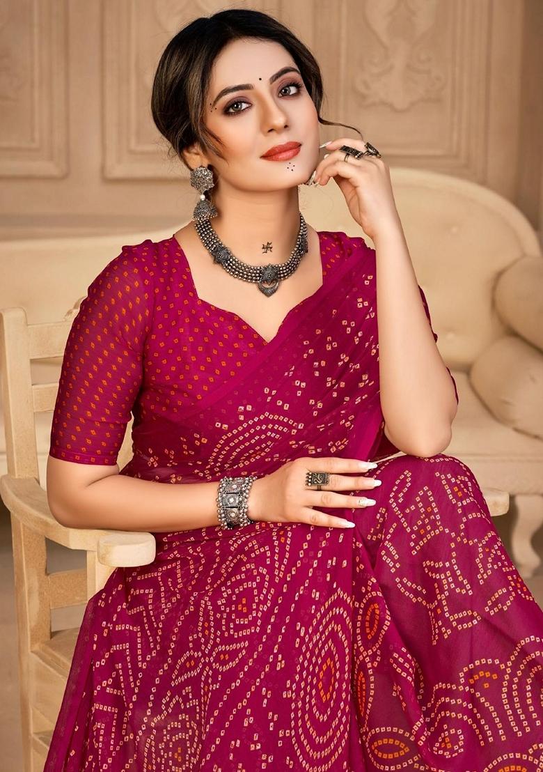 Magenta Bandhani Print Chiffon Saree Set