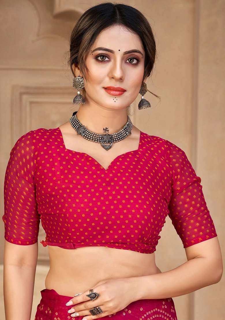 Magenta Bandhani Print Chiffon Saree Set for Diwali and Festive Wear - Indya