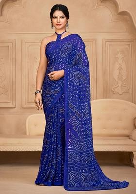Royal Blue Bandhani Print Chiffon Saree Set
