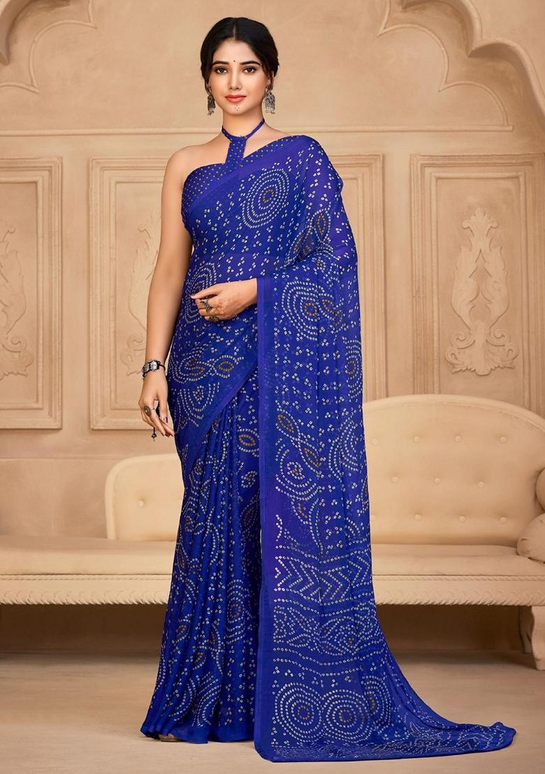Royal Blue Bandhani Print Chiffon Saree Set