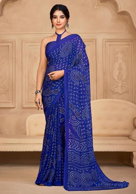 Royal Blue Bandhani Print Chiffon Saree Set