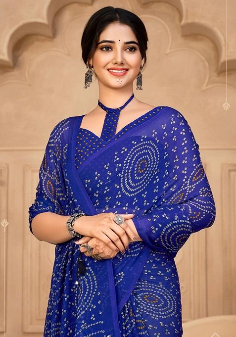 Royal Blue Bandhani Print Chiffon Saree Set