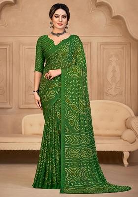 Green Bandhani Print Chiffon Saree Set