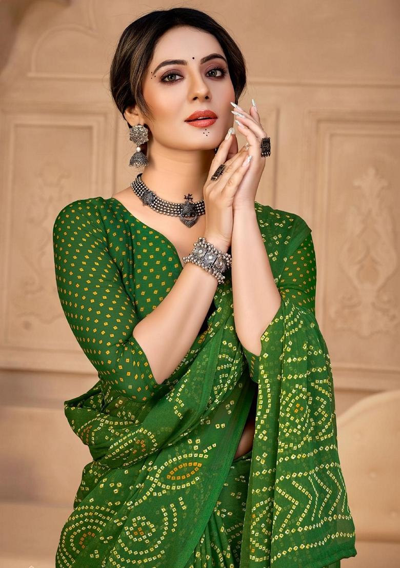 Green Bandhani Print Chiffon Saree Set