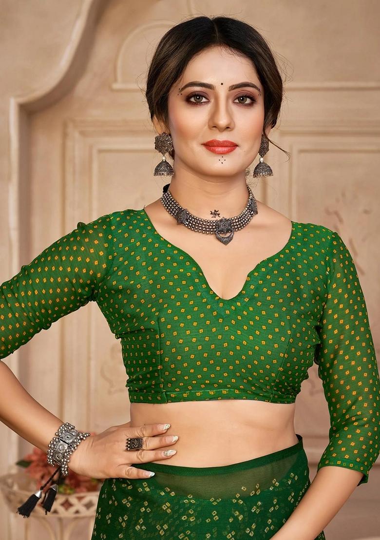Green Bandhani Print Chiffon Saree Set