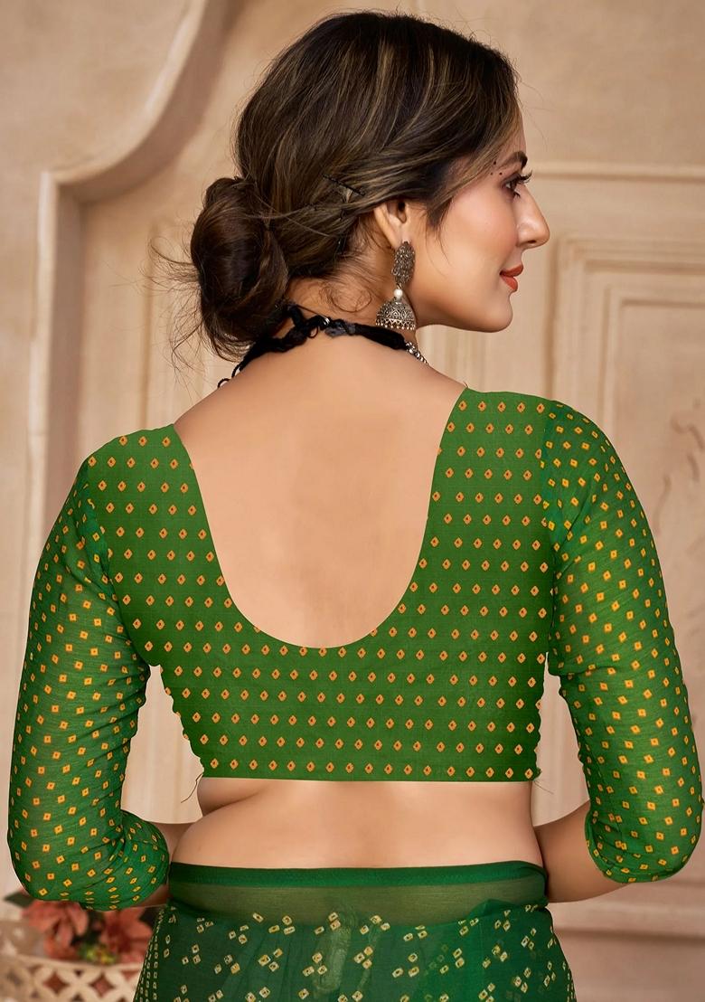 Green Bandhani Print Chiffon Saree Set