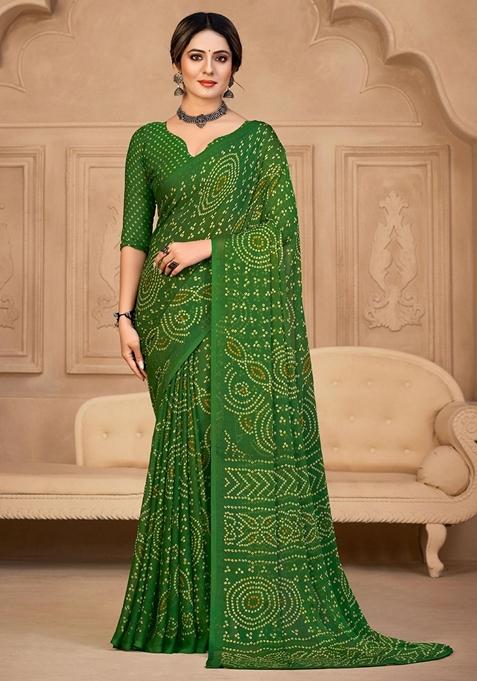 Green Bandhani Print Chiffon Saree Set