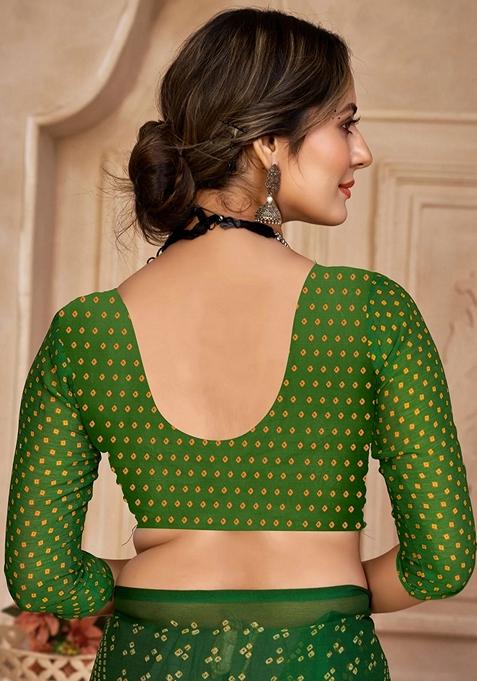 Green Bandhani Print Chiffon Saree Set