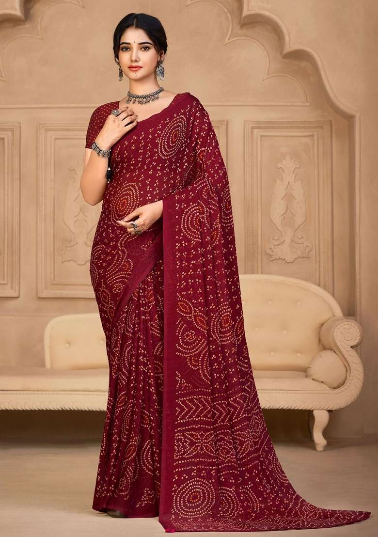 Maroon Bandhani Print Chiffon Saree Set for Diwali and Festive Wear - Indya