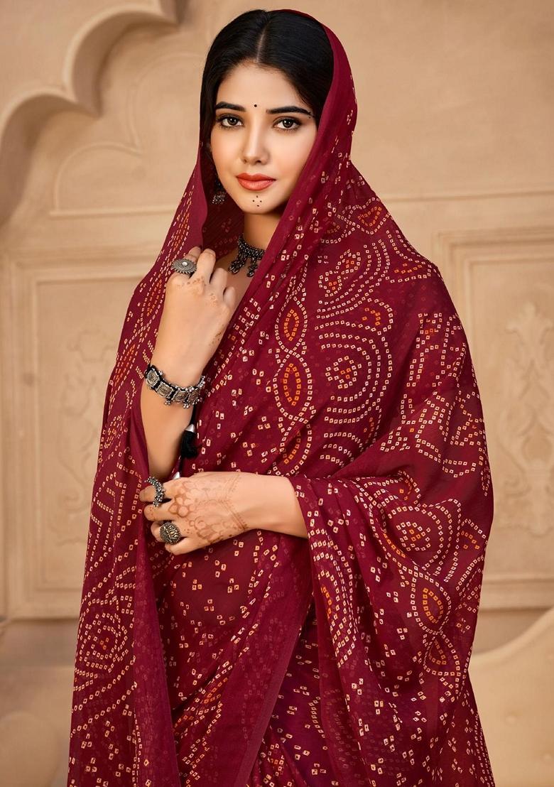 Maroon Bandhani Print Chiffon Saree Set