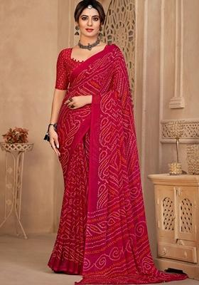 Pink Bandhani Print Chiffon Saree Set