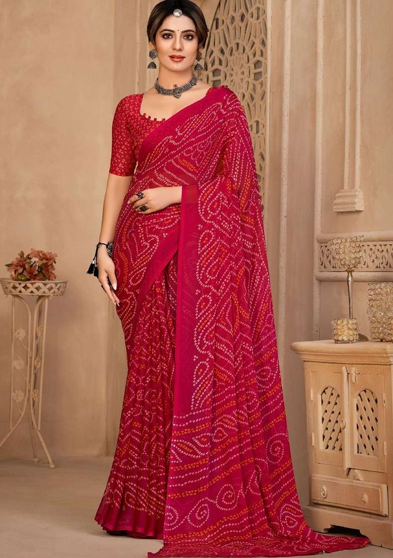 Pink Bandhani Print Chiffon Saree Set for Diwali and Festive Wear - Indya