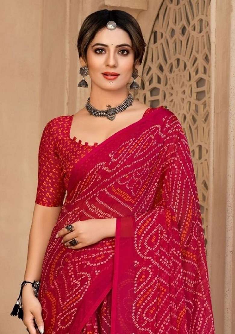 Pink Bandhani Print Chiffon Saree Set for Diwali and Festive Wear - Indya