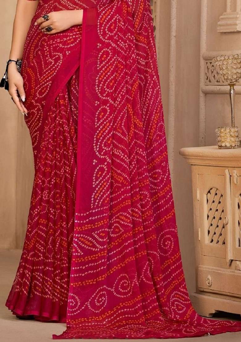 Pink Bandhani Print Chiffon Saree Set for Diwali and Festive Wear - Indya