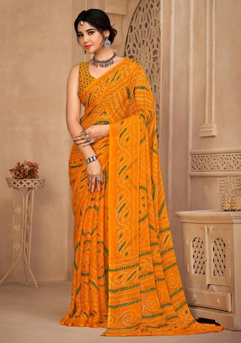 Yellow Bandhani Print Chiffon Saree Set