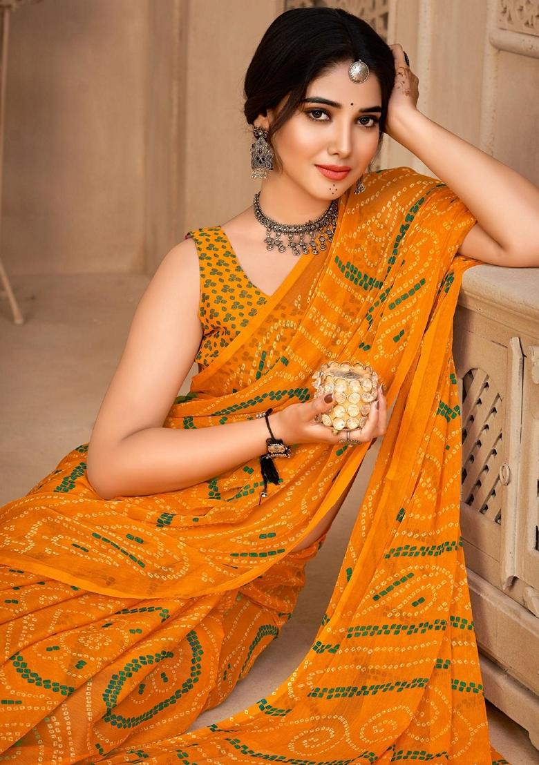 Yellow Bandhani Print Chiffon Saree Set