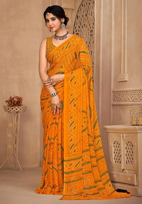 Yellow Bandhani Print Chiffon Saree Set