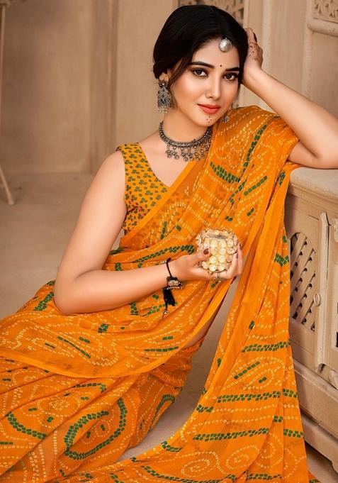 Yellow Bandhani Print Chiffon Saree Set
