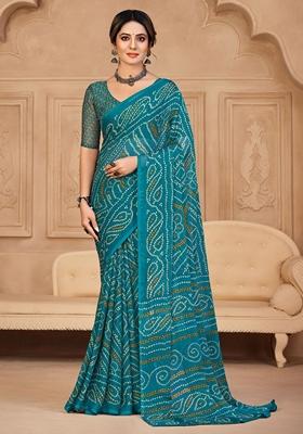 Turquoise Blue Bandhani Print Chiffon Saree Set